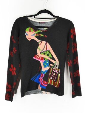 Vintage Custo Barcelona Diva Illustration Beaded V Neck Pullover Sweater Top